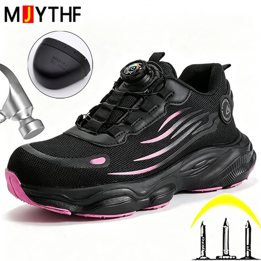 Rose Red Women Work Safety Shoes Rotating Button Women Protection Shoes Anti-Smash Anti-Puncture Security Indestructible Shoes