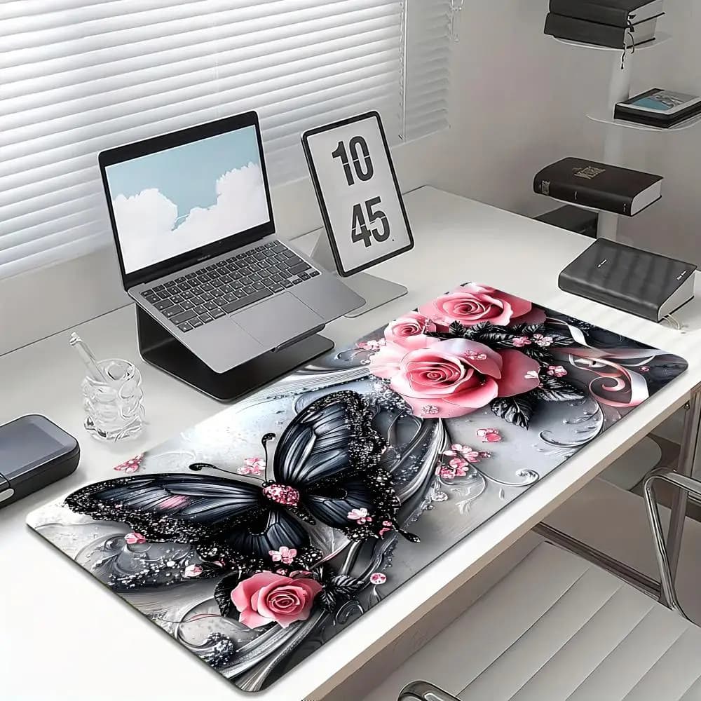 Pink Rose Black Butterfly Large Desk Mat Non Slip Stitched Edge Aesthetic Gaming Mouse Pad for Laptop Office Gaming
