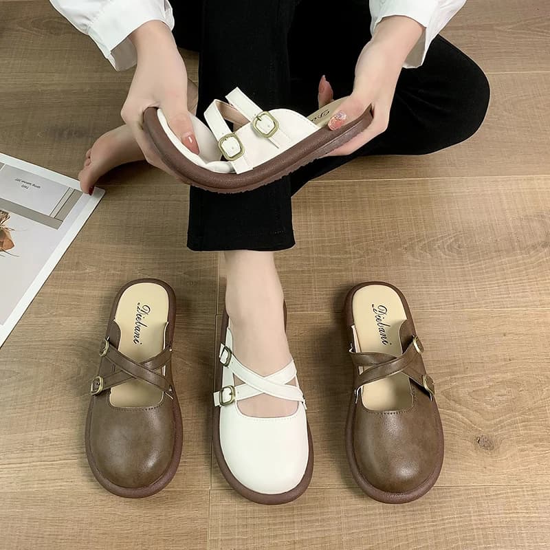 Women Cross Strap Mules PU Leather Buckle Slip on Flats Ladies Round Toe Soft Sole Girls Loafers Shoes Ladies Women's Sandals