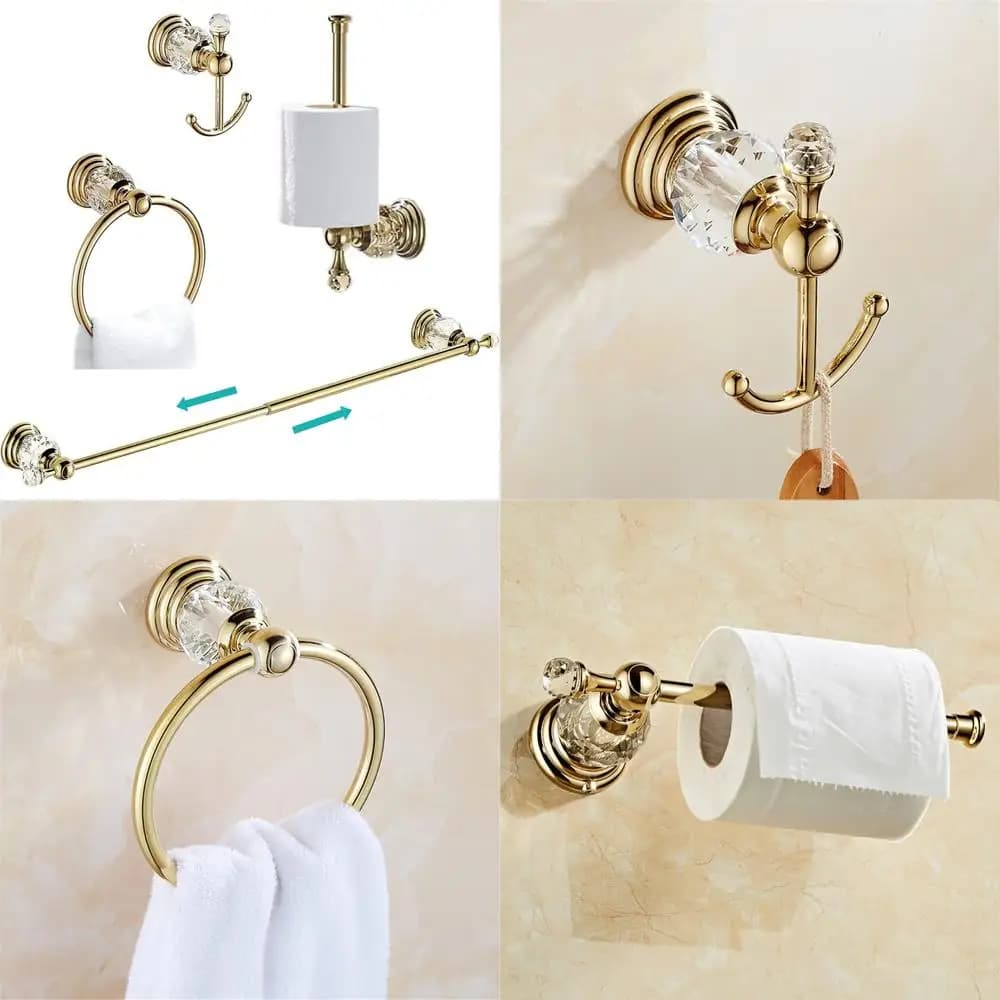 Set di accessori da bagno dorati: portasciugamani, porta carta igienica, porta asciugamani, ganci appendiabiti - Hardware lucido per installazione a parete