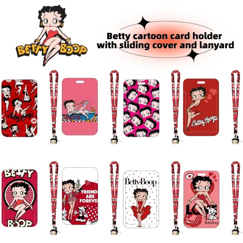 Betty Boop series anime bus card holder, campus meal card, work ID card, cartoon girl school ID badge, slide cover with lanyard