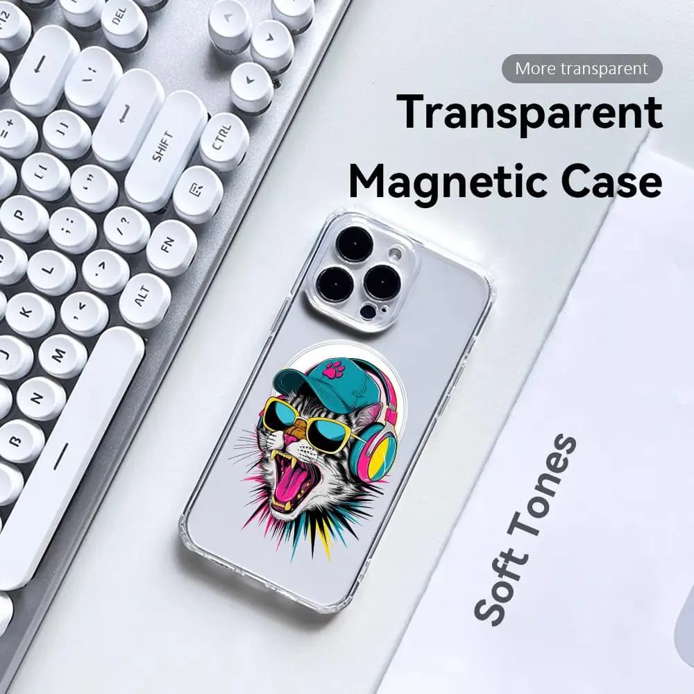 Custodia per telefono Cool Cat e Dog per iPhone 17 16 15 14 13 12 Pro Max Plus, trasparente con MagSafe e ricarica wireless