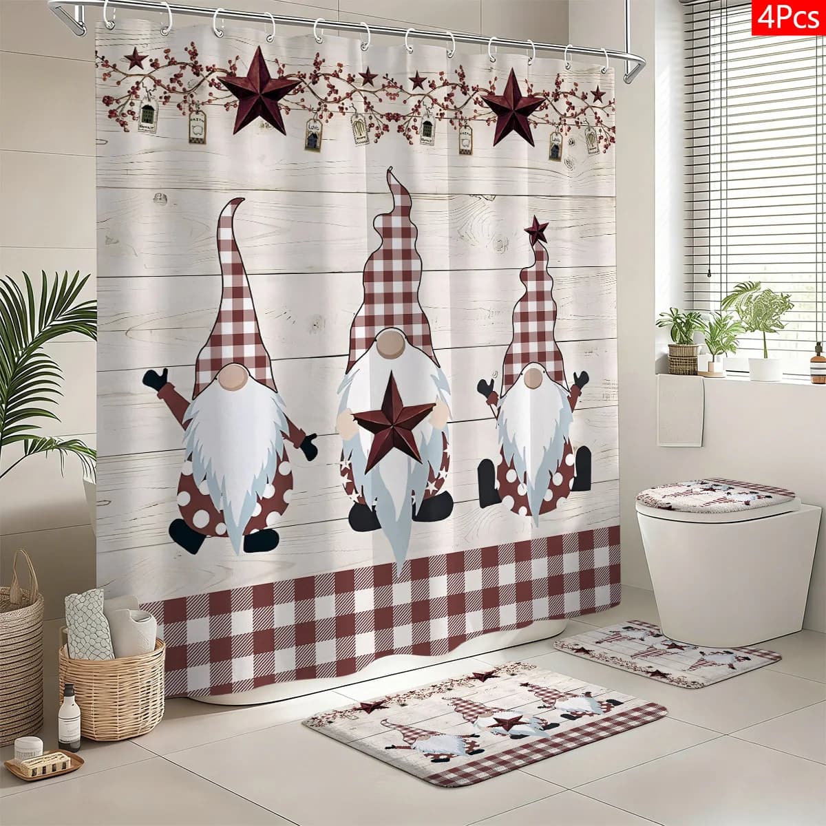 4pcs Bathroom Set Rustic Gnome Star Prints, American Country Style Decor, Shower Curtain & Mat Set, 12 Hooks, Easy Install, Warm Rustic Style, Perfect Daily Gift