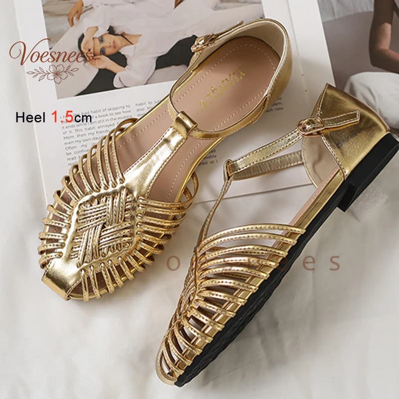 New Summer Metallic Gold Hand Woven Women's Sandals T-Strap Ankle Buckle Closed Toe Roman Flats Casual Walking Beach Dress Shoes