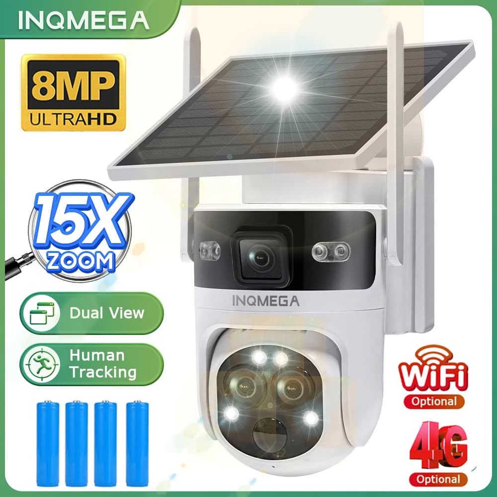 INQMEGA 15X ZOOM Telecamera solare 4G 8MP Tre obiettivi 360 ° Visualizza la telecamera IP PTZ da esterno di sicurezza con pannello solare da 5 W, batteria da 7800 mAh UBOX