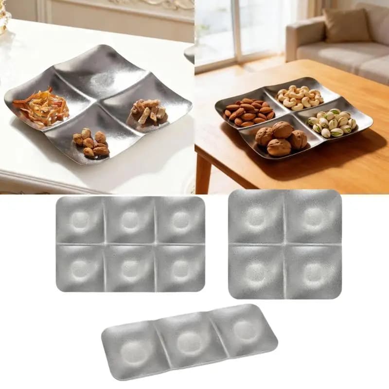 Vassoio Diviso in Acciaio Inox con 3/4/6 Scomparti - Porta Snack per Noci, Frutta Secca e Antipasti per Feste, Accessori per Cucine da Campeggio