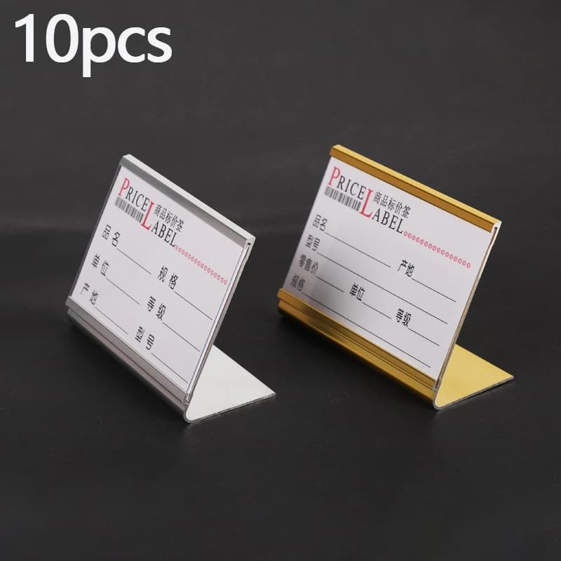 10 pz/lotto piccolo espositore per Mini insegne a forma di L in alluminio espositore per porta etichette per etichette con cartellino del prezzo per Snack espositore per numeri da tavolo