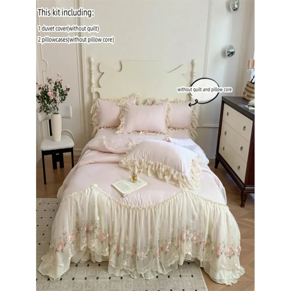 Set di Biancheria da Letto in Stile Principessa con Ricami Floreali in Pizzo, Copripiumino e Federe (Senza Inserto Piumino)