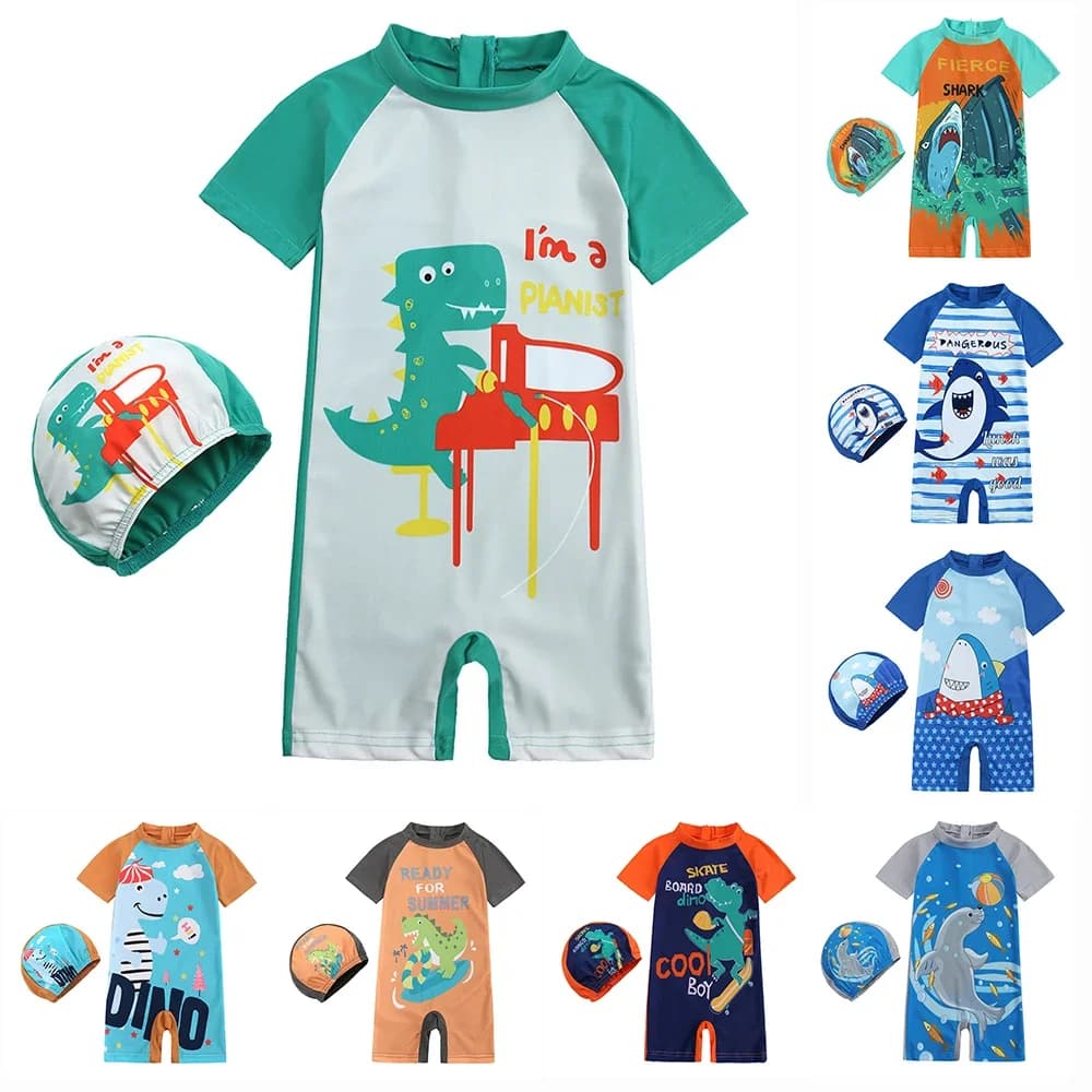Full bathroom suit with hood for children 1-2T 2-4T 4-6T 6-8 years old, babies, small children, beachwear and surfing, dinosaur print and shark