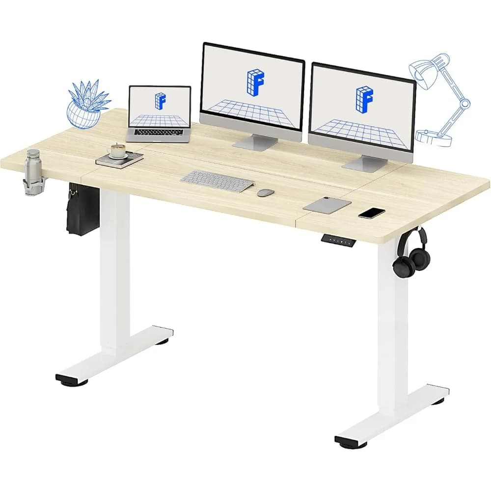 FLEXISPOT 63x32 Inch Electric Standing Desk, White Wood Grain | Large Workspace, Cable Management & Organizer, Cup Holder & Hook, Home Office, Multi-Monitor Setup