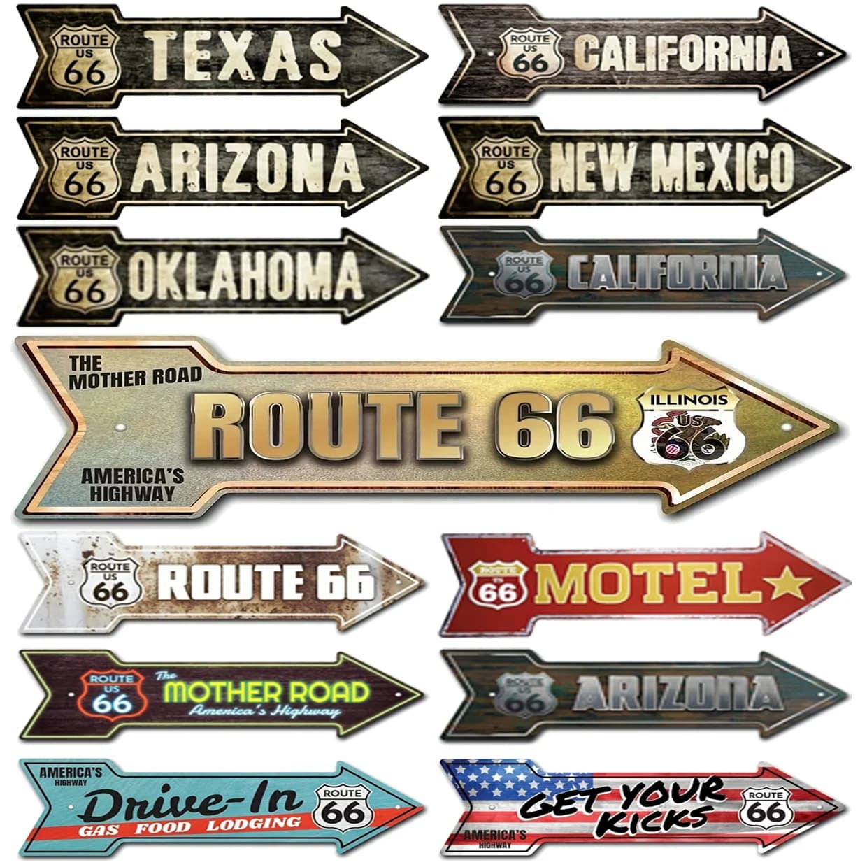 Retro Route 66 Motel Targhe in metallo in metallo Targhe stradali vintage Segnaletica direzionale con freccia retrò Divertente targa in metallo per la decorazione della parete