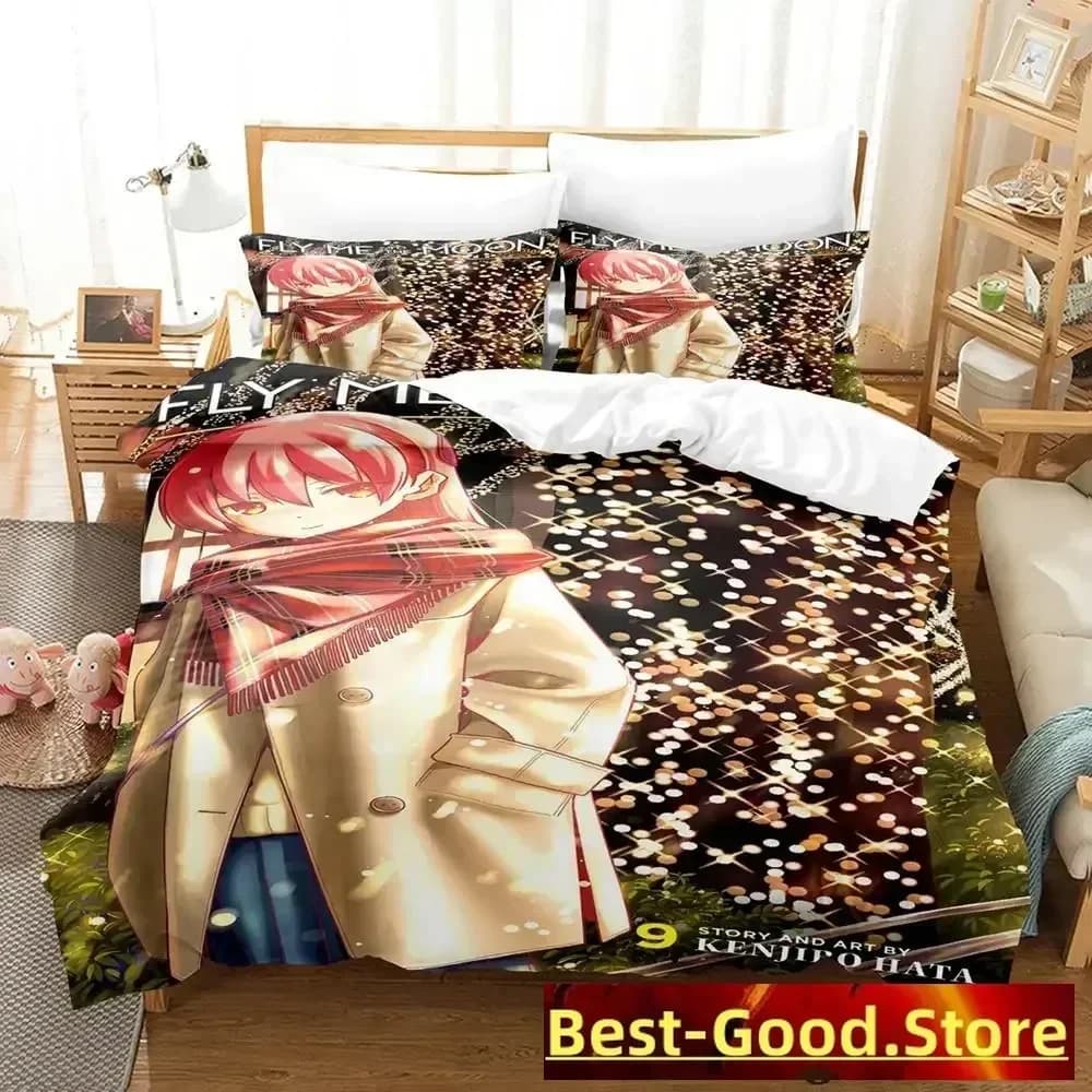 Set di Biancheria da Letto Anime 'Fly Me to the Moon' con Stampa, Copripiumino, Federe, Set Completo per Letto Matrimoniale, Queen o King Size