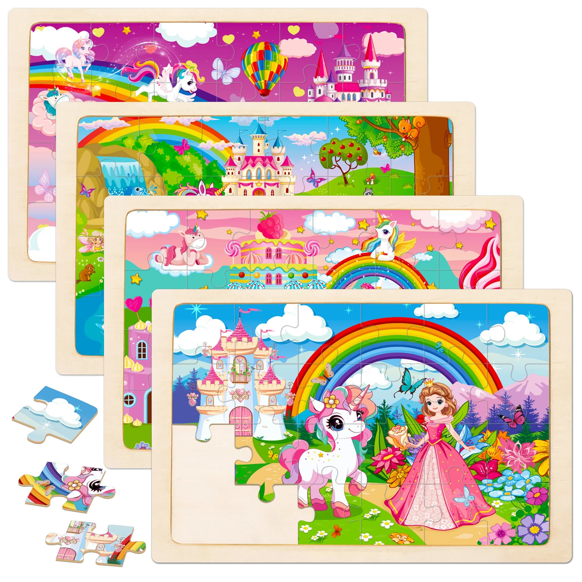 4 confezioni di puzzle educativi in legno per bambini in età prescolare con principessa unicorno, regali per ragazze e ragazzi di 3 4 5 6 anni