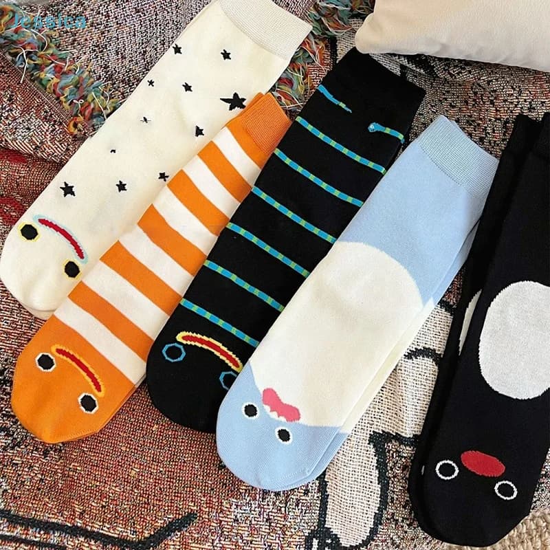 ♥Cute Cartoon Expression Crew Socks – Colorful Funky Mid-Calf Socks for Women & Teens