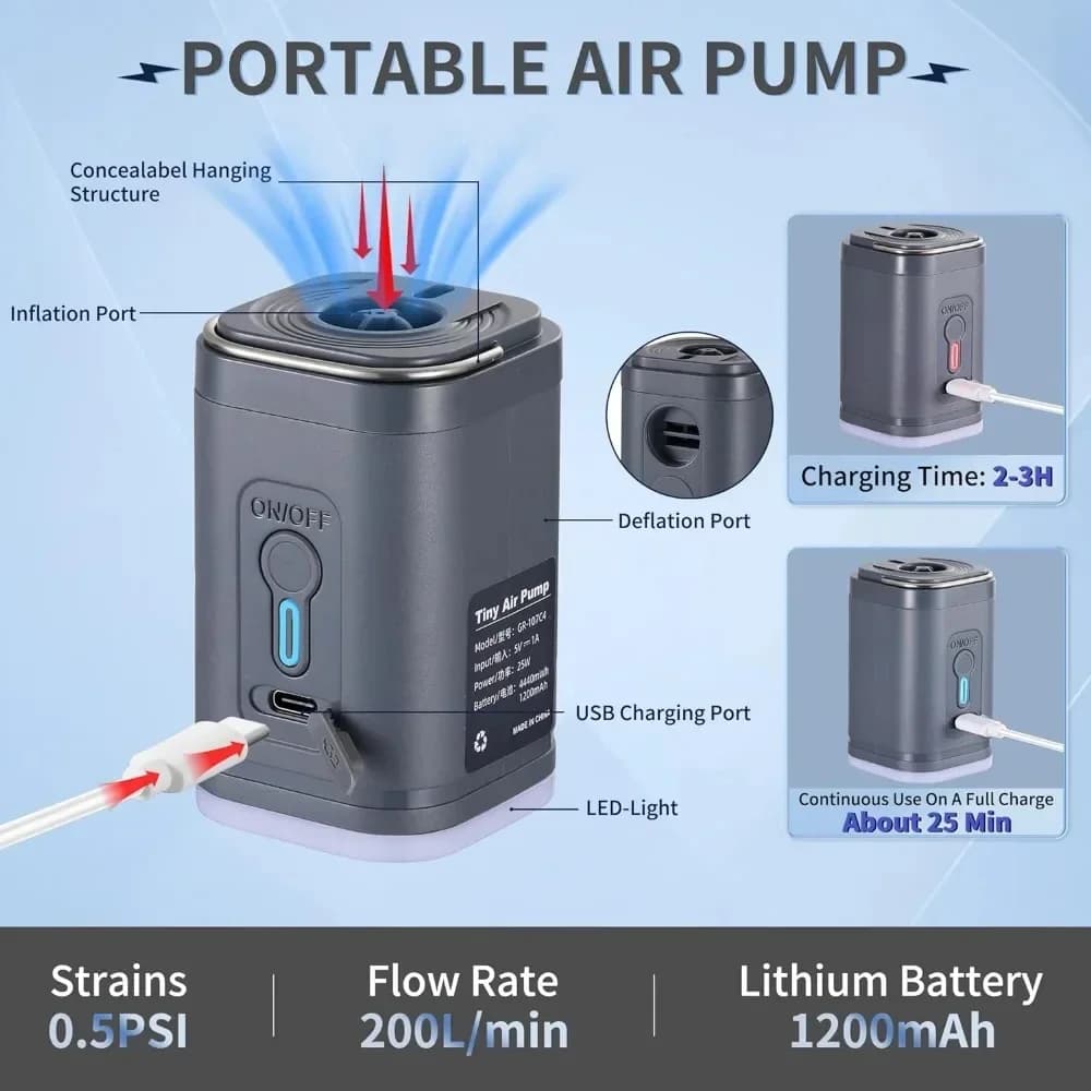 Mini Portable Air Pump with 1300mAh Battery USB Rechargeable to Inflate Deflate for Pool Floats, Air Bed, Vacuum Storage Bags