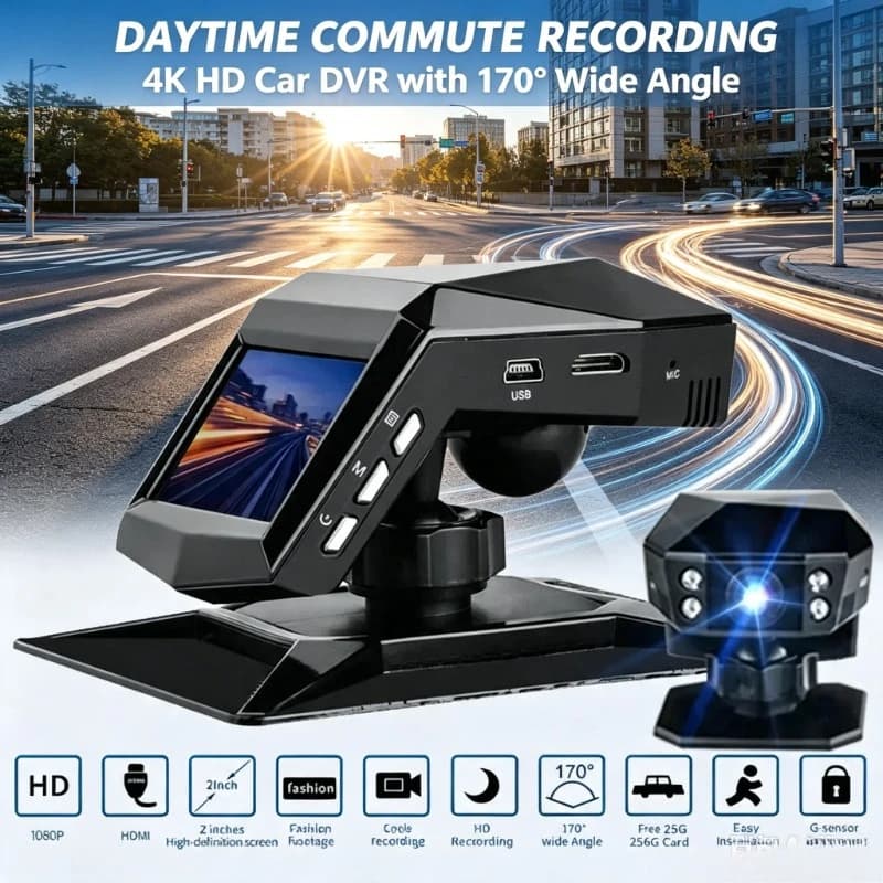 Loop Recording 4K HD Vehicle DVR 170° Wide View, Night Vision Dash Cam, Free 256G Storage Card for Road Trip Surveillance