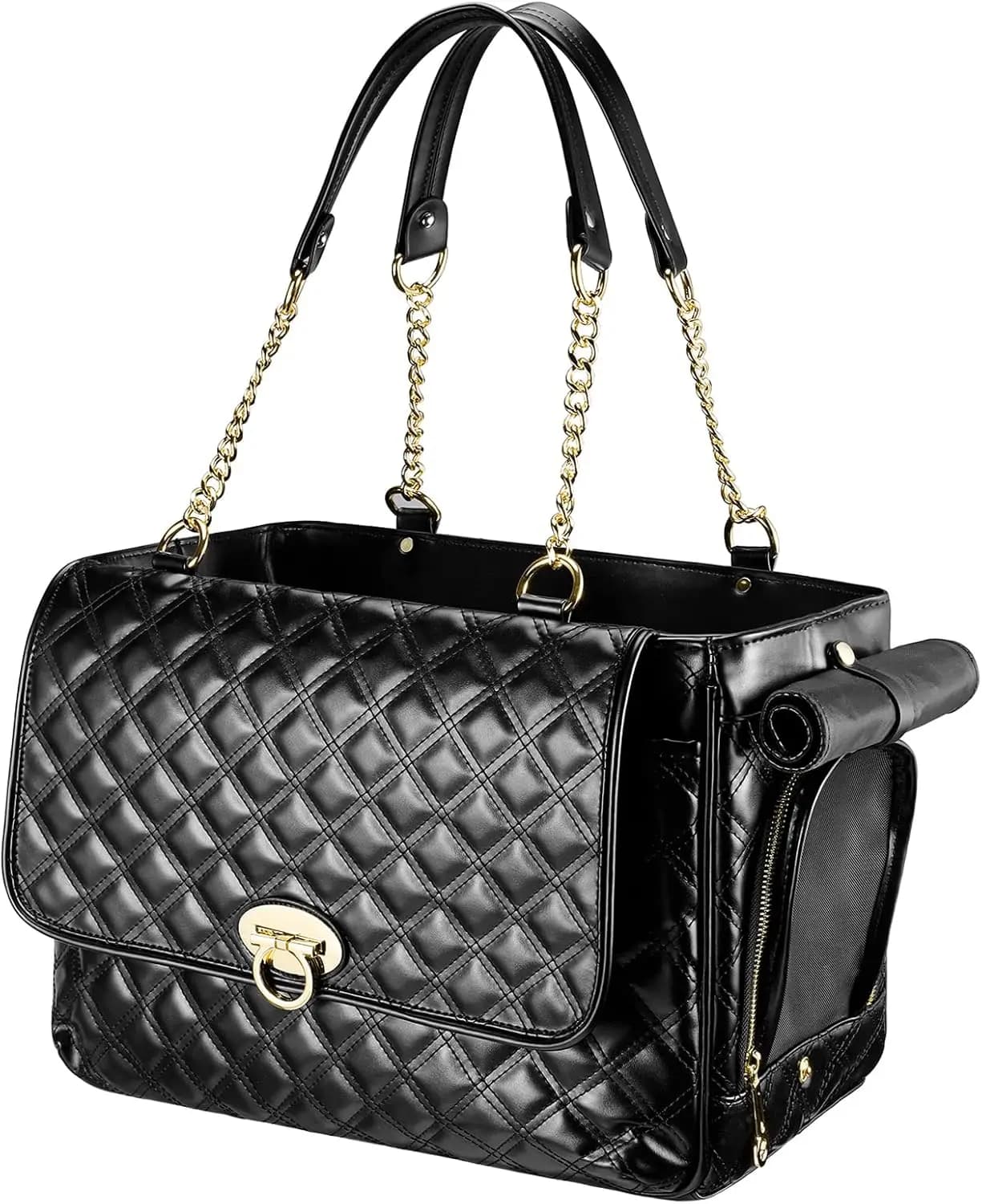 Airline Approved Dog Carrier Purse for Small Pets, 2 Large Pockets, Holds Up to 10lbs, PU Leather, Black