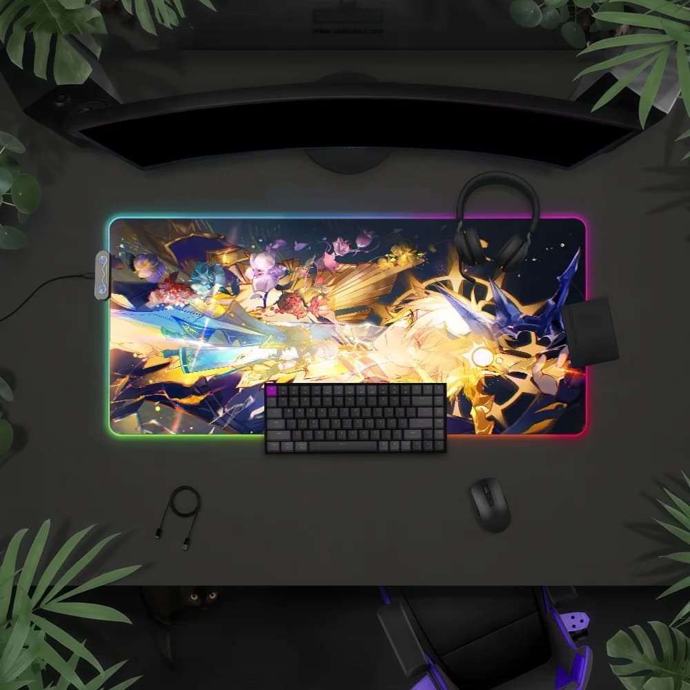 Tappetino per mouse Honkai Star Rail Phainon con luce LED RGB, tastiera da gioco colorata, copertura antiscivolo, superficie impermeabile