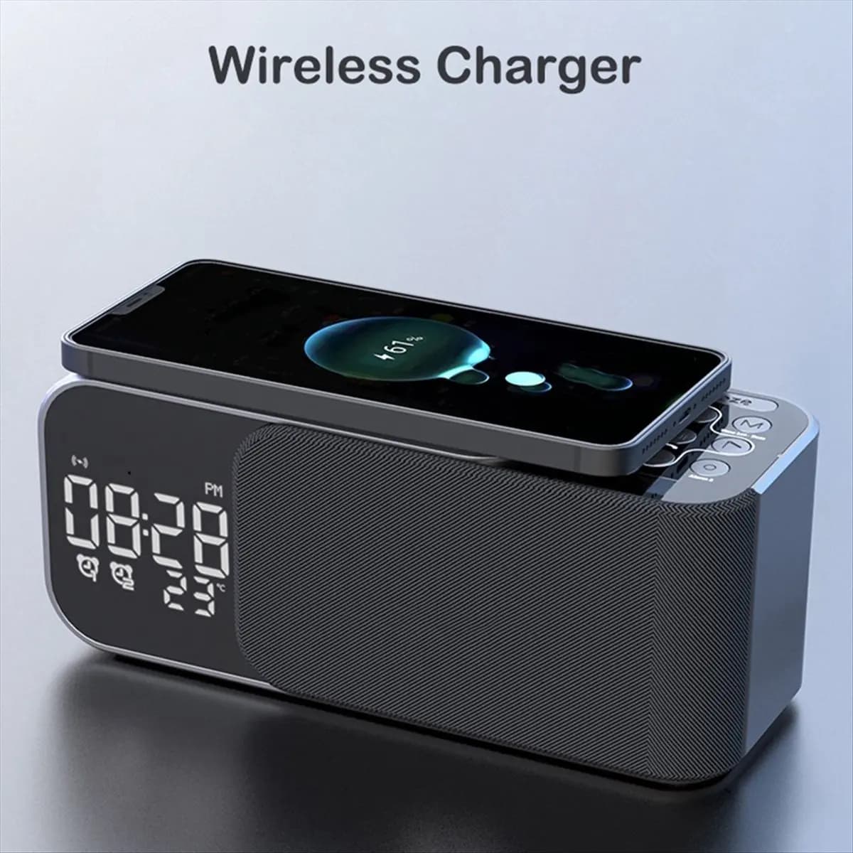 A32I Radio FM stereo digitale, sveglia, luce notturna, altoparlante Bluetooth, caricabatterie wireless da 10 W, nero