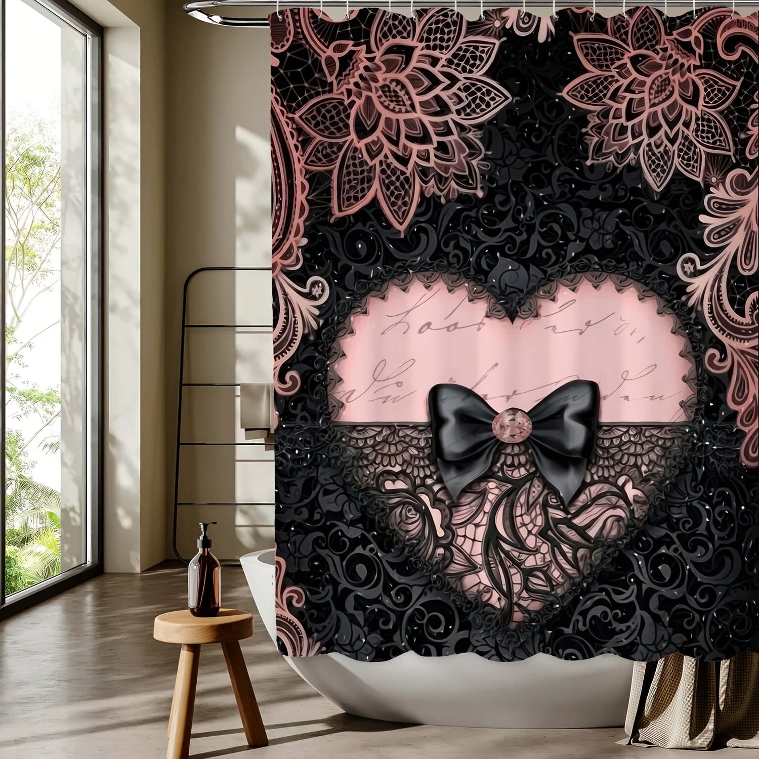 Elegante tenda da doccia floreale con fiocco in pizzo e cuore, ganci inclusi, lavabile in lavatrice, decorazione da bagno in poliestere reversibile
