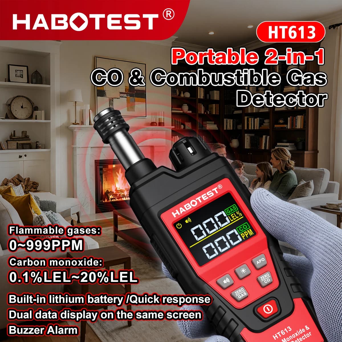 2026 HABOTEST HT613 2-in-1 CO Combustible Gas Detector Portable Gas Leak Tester 0~999PPM 0.1~20%LEL CO Detector Telescopic Probe