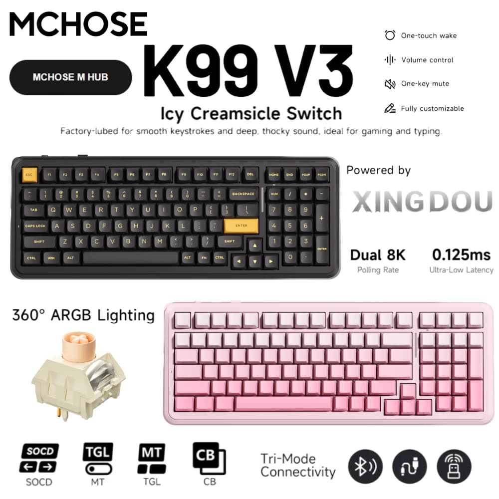 MCHOSE K99 V3 Wireless Mechanical Keyboard Dual 8K Polling Rate 0.125ms Latency Multifunction Control Knob South-Facing RGB