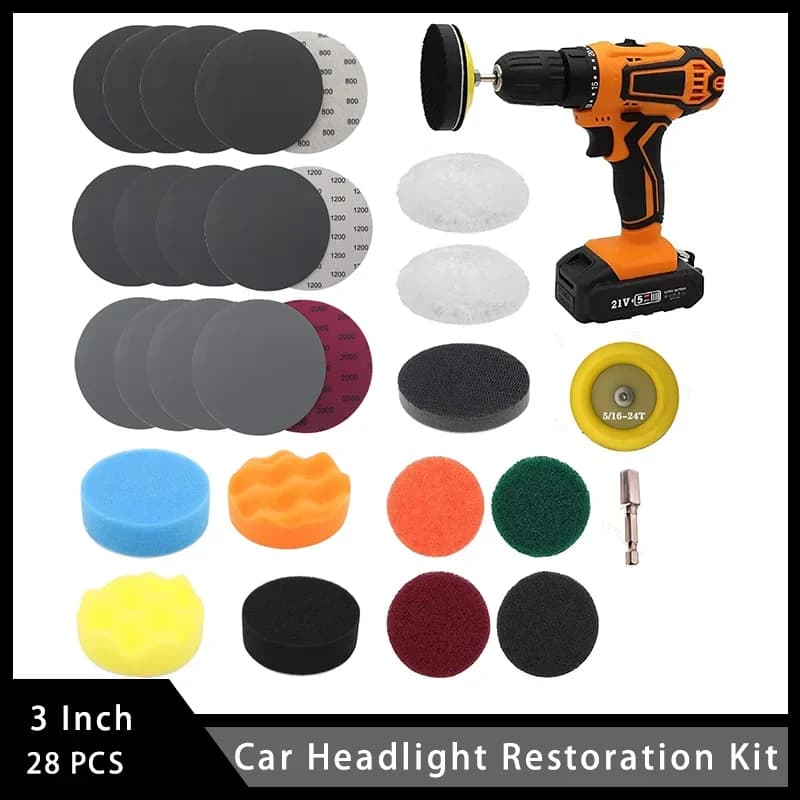 Kit di ripristino fari per auto da 3 pollici 28 pezzi con tampone di supporto tamponi abrasivi tampone di interfaccia morbido tampone per lucidatura in lana per lucidatura