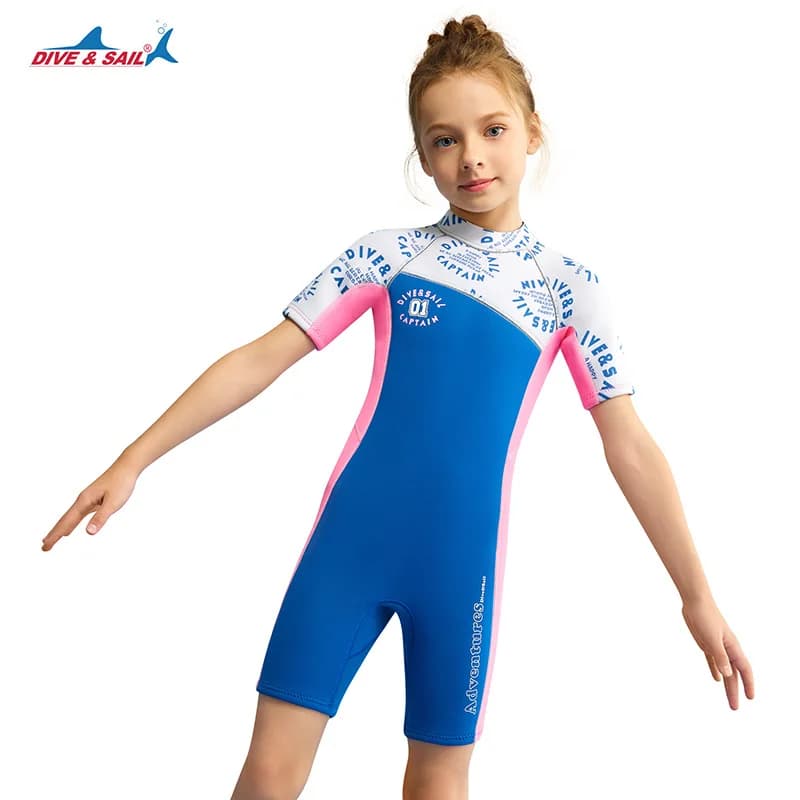 Girls 2.5MM Thick Thermal Short Sleeve One Piece Neoprene Wetsuit Kids Beach Snorkeling Surf Swimsuit for Water Sports