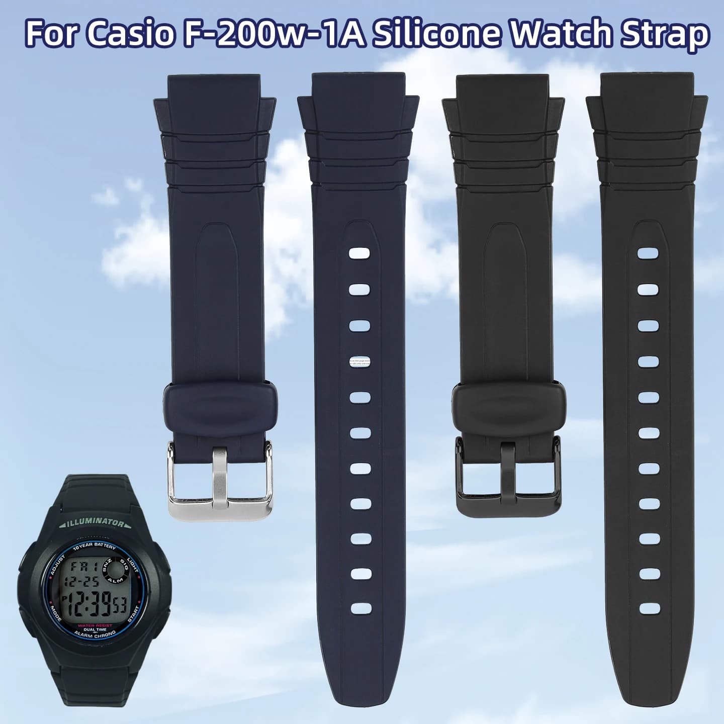 For Casio F-200W-1A Soft Waterproof Silicone Watchband f-200 Rubber Watch Strap 18mm Black Blue Student Resin Wristband Convex