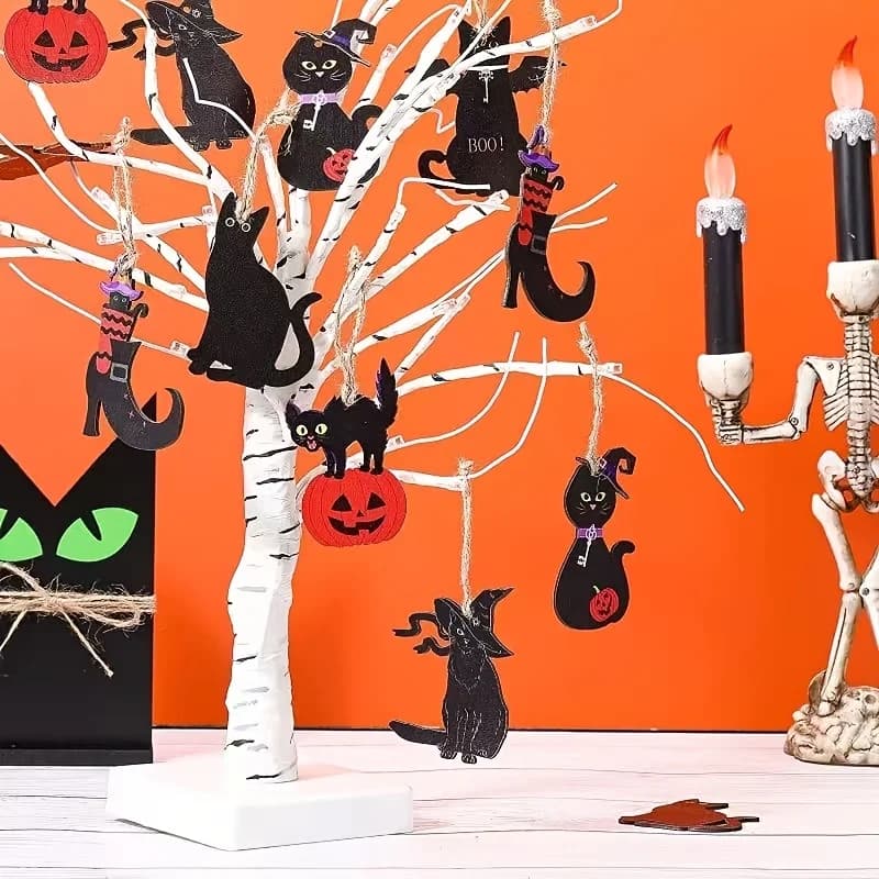 12/24Pc Halloween Black Cat Wooden Ornaments Witch Hat Pumpkin Design Hanging Pendants Tree Fireplace Indoor Holiday Party Decor