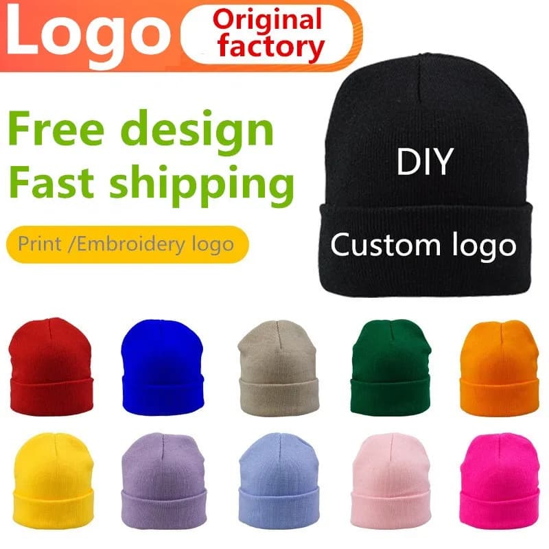 Unisex Men Women Custom Logo Knitted Hat Winter Solid Elastic Hiphop Beanie Cap Free Logo Embroidery Skullcap Skullies Gorros