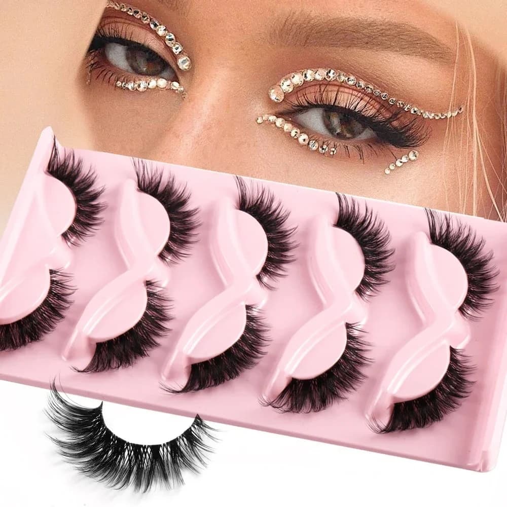 5 Pairs Cat Eye False Eyelashes Fluffy Volume Fox Eye Lashes Natural Thick Wispy Fake Eyelashes for Party Cosplay Makeup