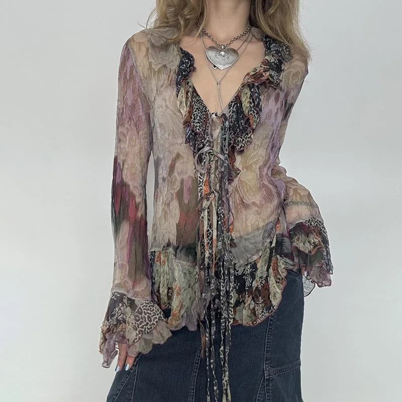 Autumn Flare Long Sleeve Loose Streetwear Blusa Retro Floral Print Ruffle Blouse Shirts Elegant V Neck Lace-up Hollow Women Tops