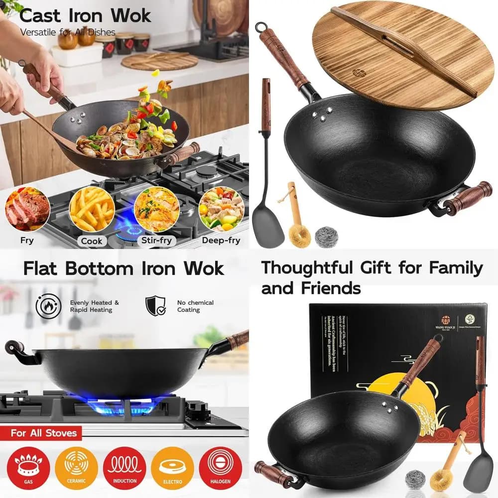 14.2 Cast iron Wok with wooden lid, double handle pan, uncoated for induction and gas stoves