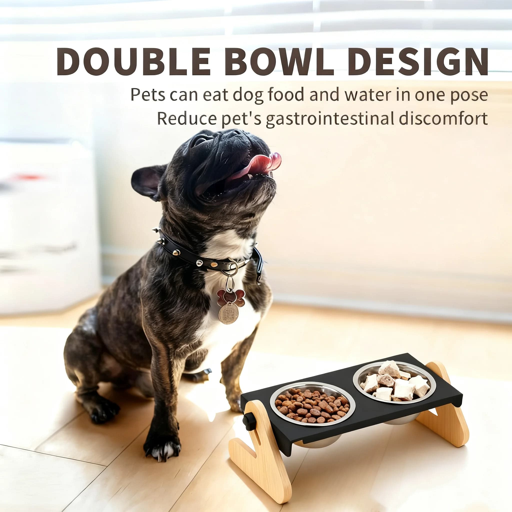 Ciotole per gatti per cani con mangiatoia per animali domestici elevate in acciaio inossidabile per cibo e acqua con struttura in legno