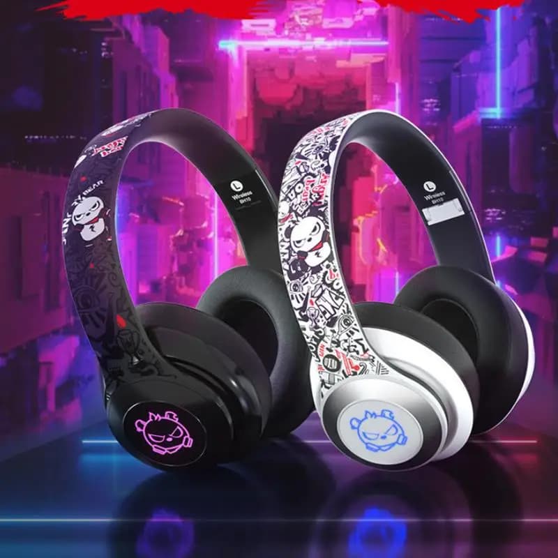 Cuffie wireless Graffiti Auricolari musicali Bluetooth Cuffie da gioco pieghevoli con luce a LED per bassi profondi sopra l'orecchio per PC portatile mobile