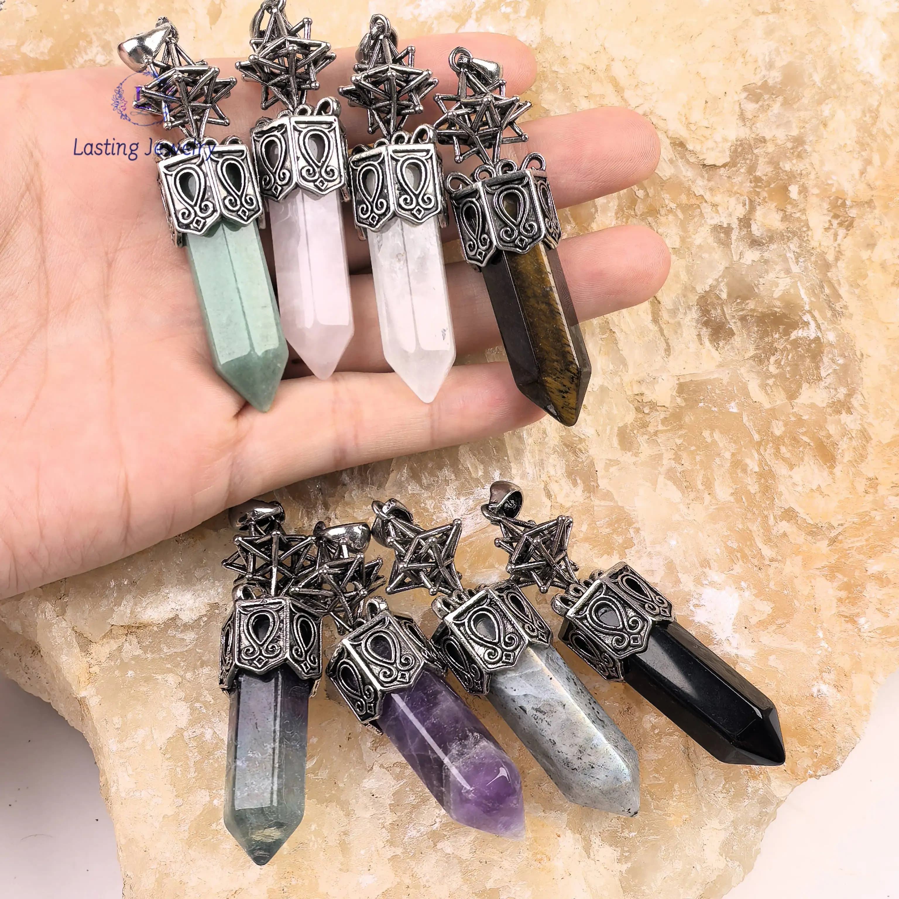 Ciondoli a punta esagonale con stella Merkaba in argento antico, creazione di gioielli con collana a pendolo in fluorite labradorite di quarzo cristallo Reiki