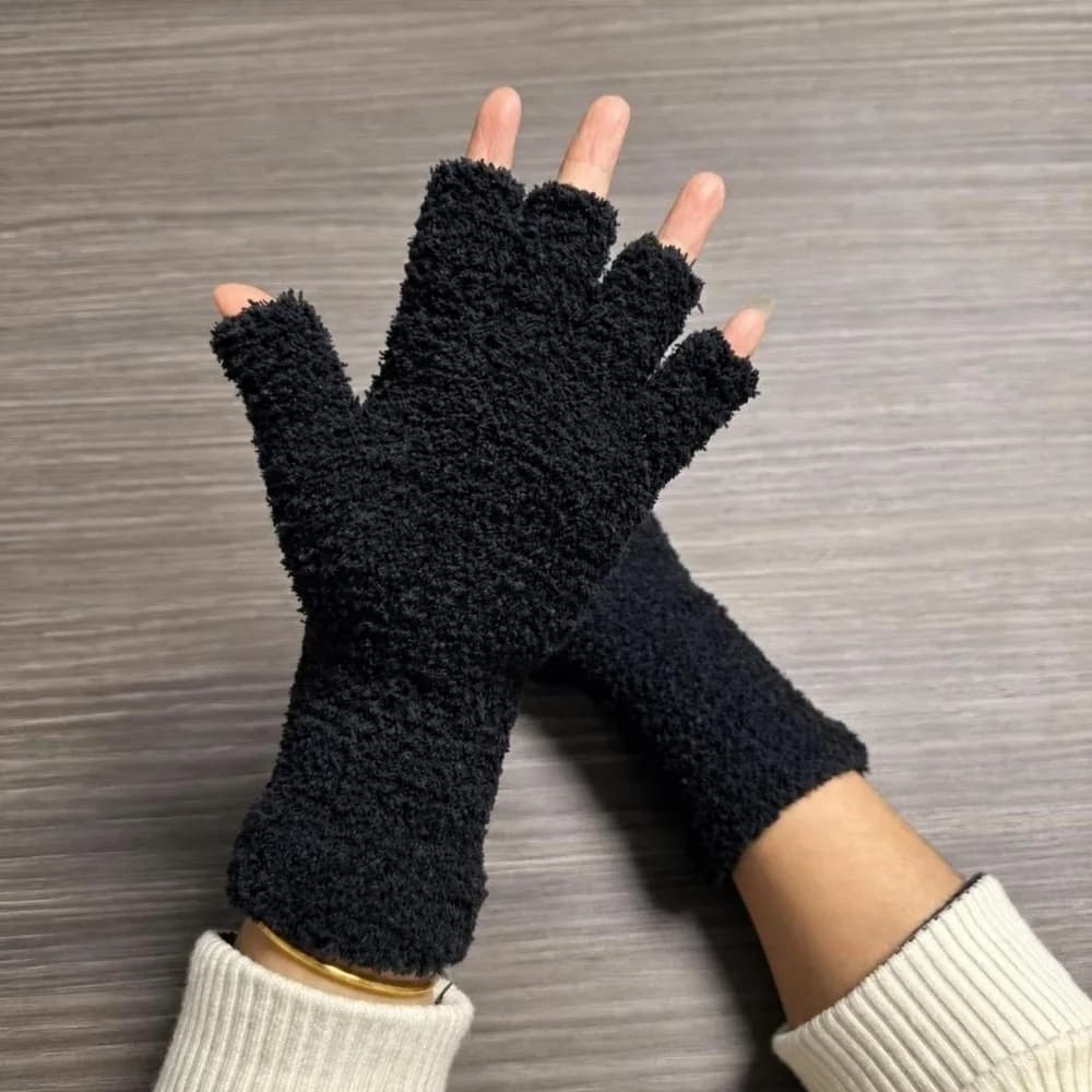 Soft Solid Color Half Finger Gloves Coral Fleece Thicken Knitted Gloves Touchscreen Elastic Cuff Warm Gloves Unisex