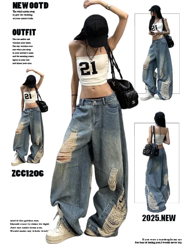 American Style Oversize Jeans Worn Washed Casual Hole Design Summer Long Pants High Waist Wide Leg Trousers for Young Women