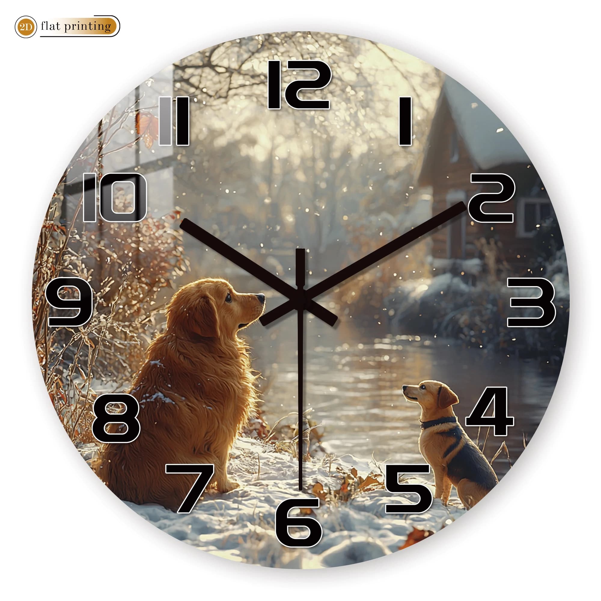 Golden Retrievers wall clock in snowy landscape - Watch with 2D flat print with winter scene - Quiet watch for dog lovers who do not tickle
