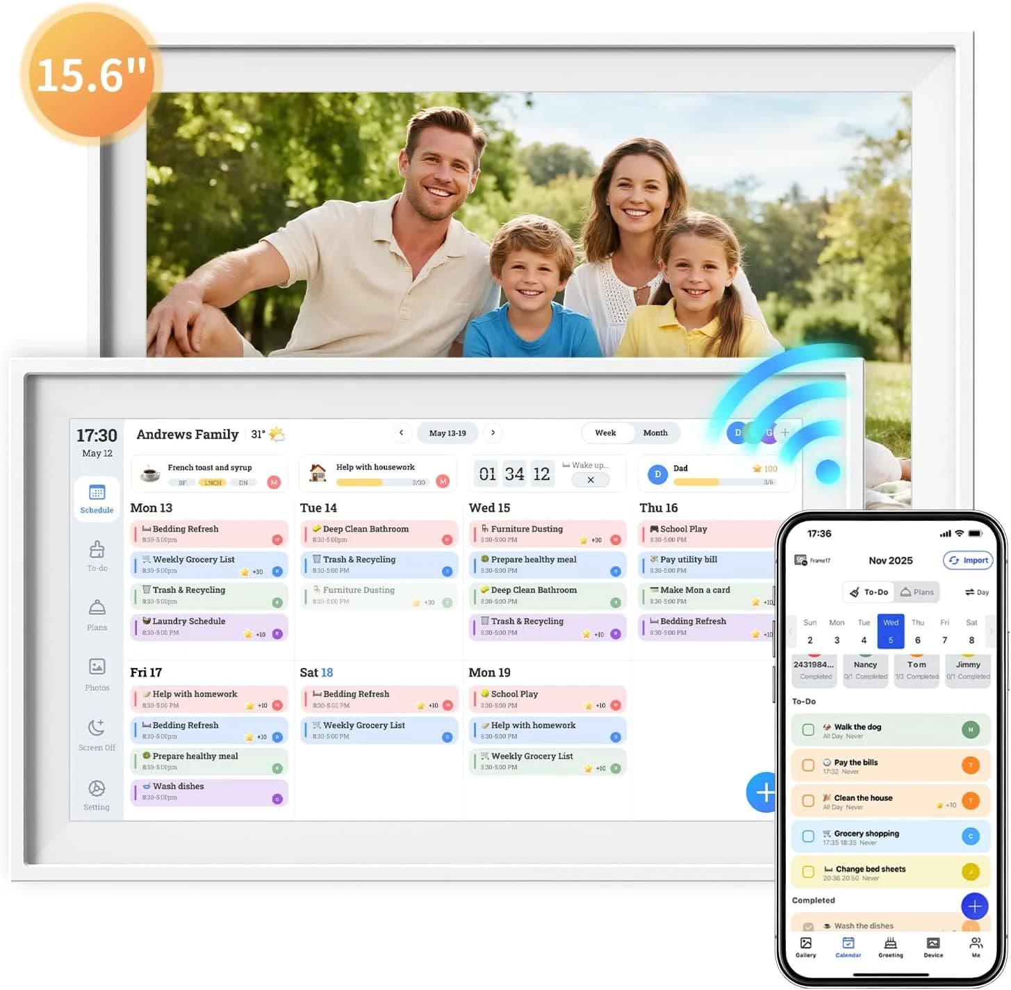 Cornice Digitale AHXJKA da 15.6 Pollici con Memoria da 32GB, Display IPS 1920*1080P, Cornice Smart Cloud Elettronica per Condividere Foto e Video tramite App