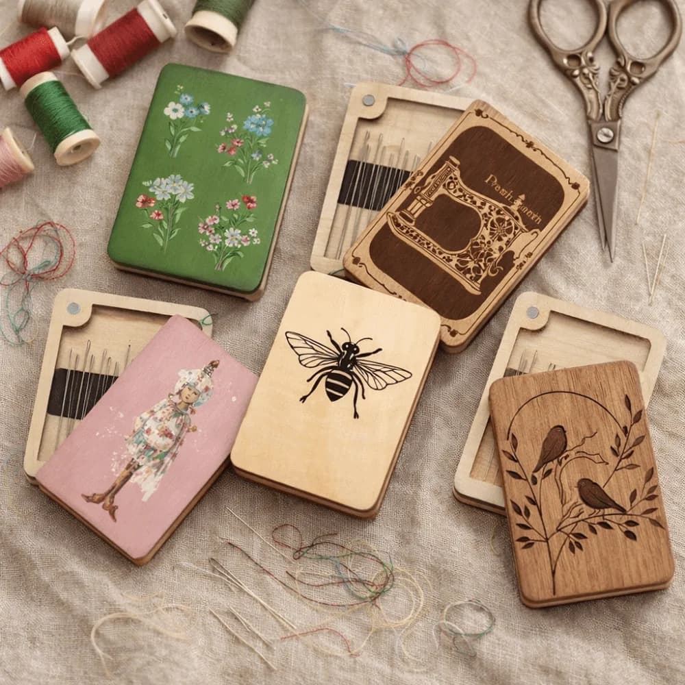 Wooden Material Wooden Magnetic Needle Box Magnetic Feature Turmeric Color Sewing Tool Organization Box Universal Size