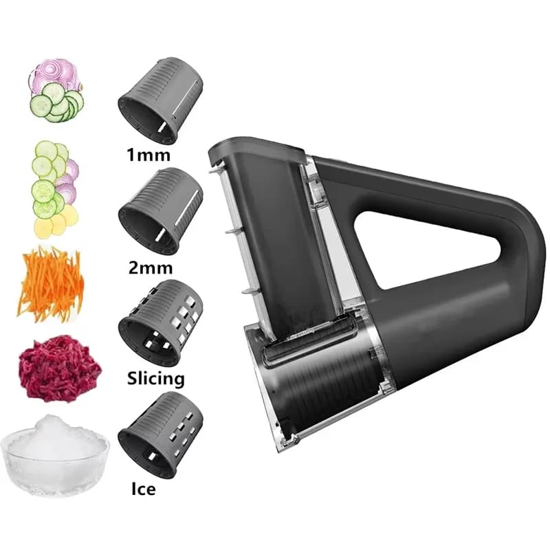 LMETJMA Grattugia elettrica per insalata portatile con 4 diverse forme di lame 40W Affettatrice rotativa elettrica Shredder JT363