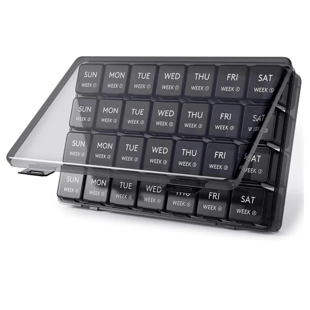 New large portable monthly pill organizer for 4 weeks per month 28 days box for supports of vitamins fish oil medicine