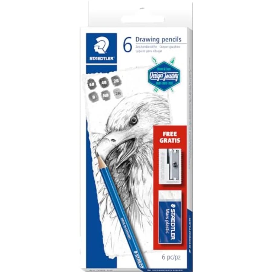 Mars Lumograph Art Set 6 Assorted Sketch Pencils For Drawing, Polymer Block Eraser and Metal Sharpener 61 100C8LU