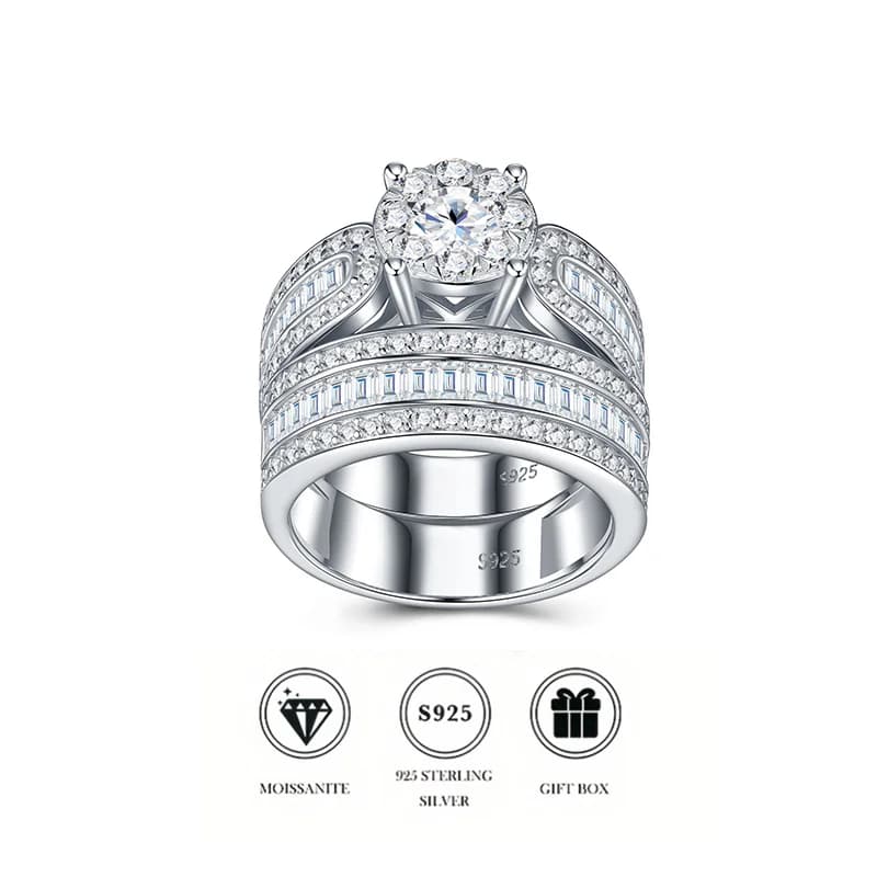 Set di Anelli in Argento Sterling 925 Premium con Moissanite – Anelli Impilabili per Fidanzamento e Matrimonio con Pietra Centrale Rotonda e Incastonatura a Canale
