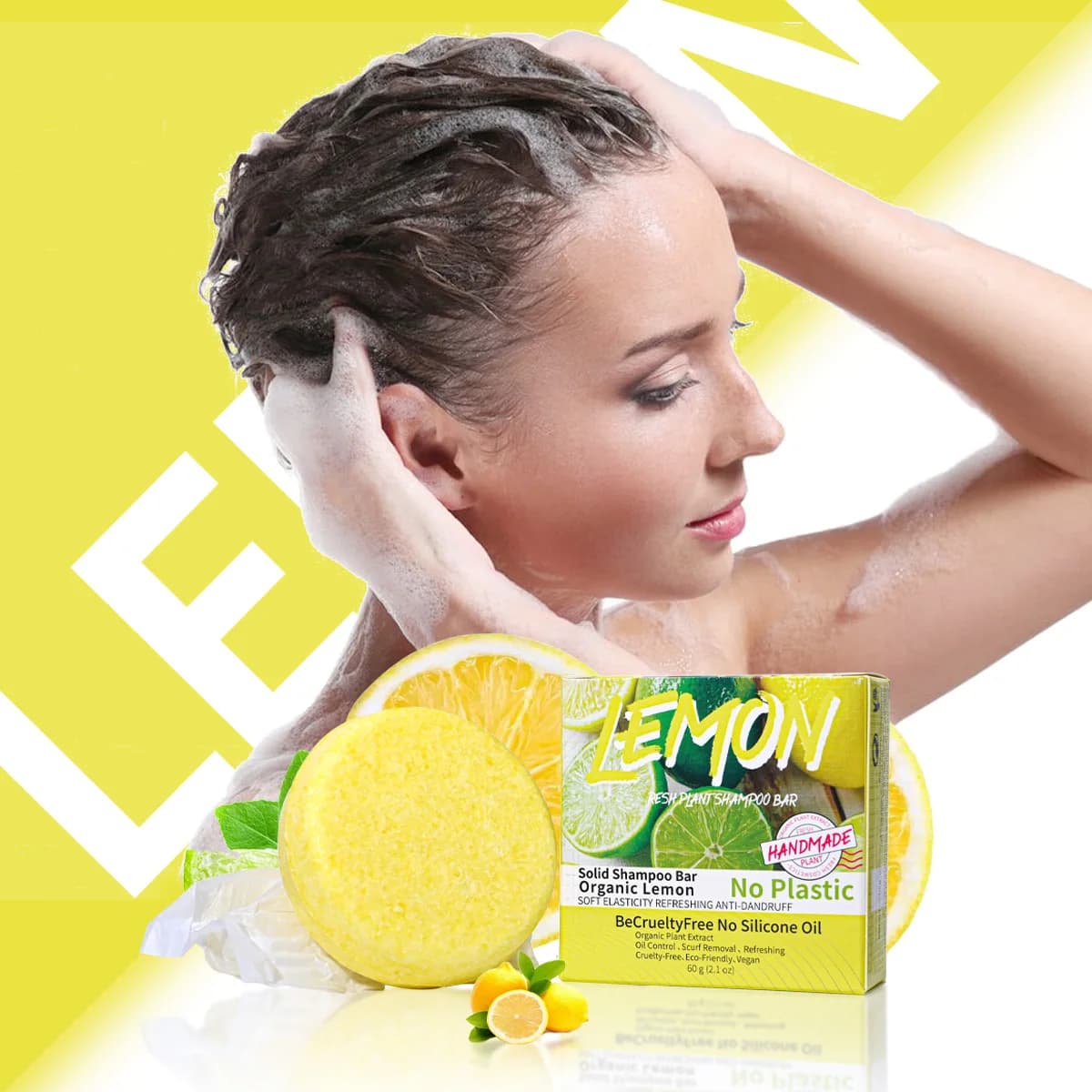 J + 60g Sapone fatto a mano all'olio essenziale vegetale di limone Nutre delicatamente il cuoio capelluto Pulisce in profondità i capelli Olio di cocco Olio d'oliva solido