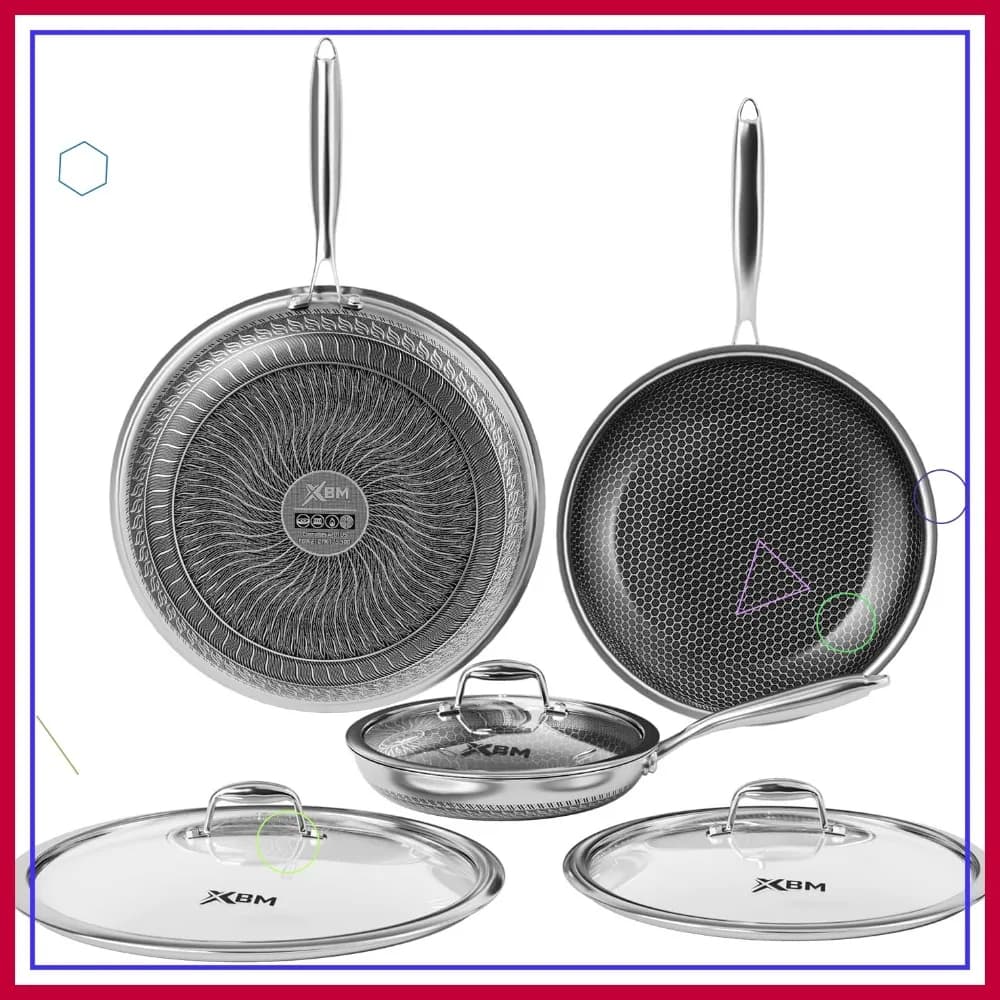 Set di Padelle in Acciaio Inox 8 10 12 Pollici Antiaderenti Adatte al Forno