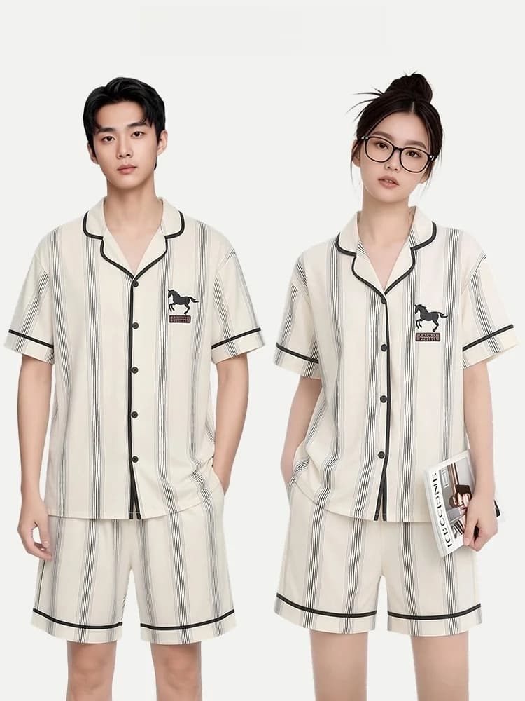 PinkBread Striped Couple Pajamas Pure Cotton Short Sleeve Women's White Enhancing Summer Home Clothes Outdoor Wearable