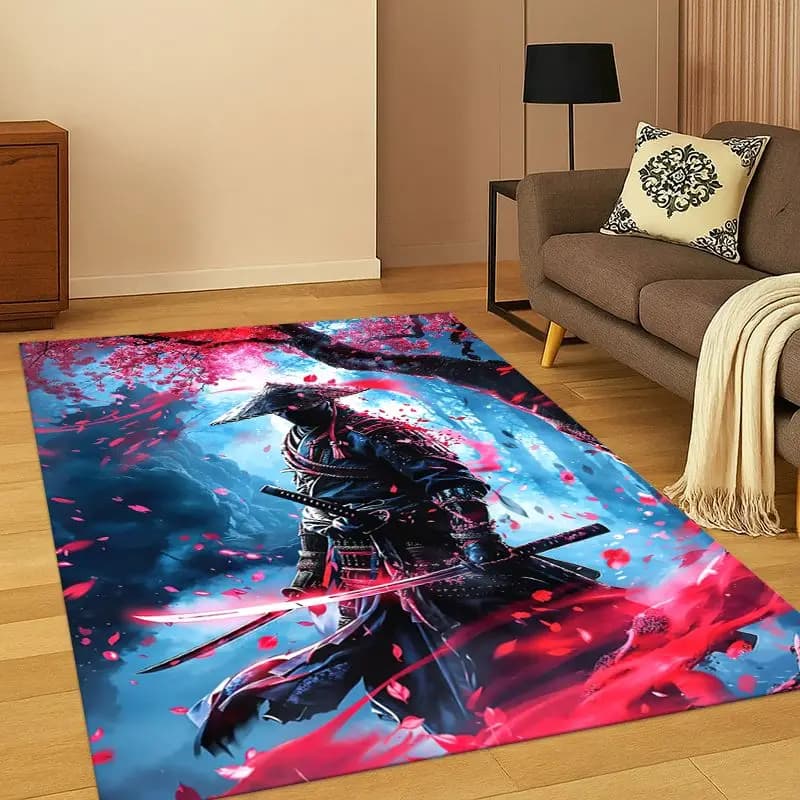 Bushido Japan Samurai Katana Cartoon Carpet Rug for Bedroom Living Room Sofa Playroom Doormat Home Decor, Area Rug Non-slip
